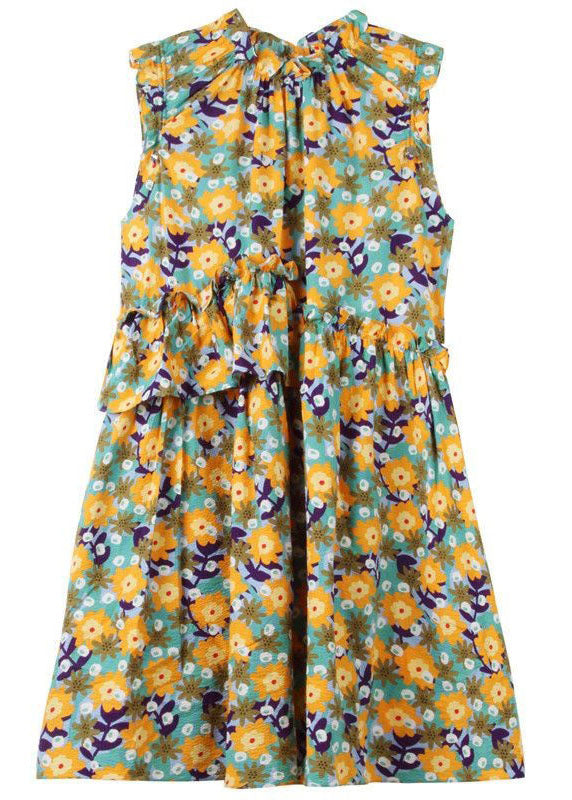 Modern Yellow Ruffled Print Patchwork Cotton Dress Sleeveless