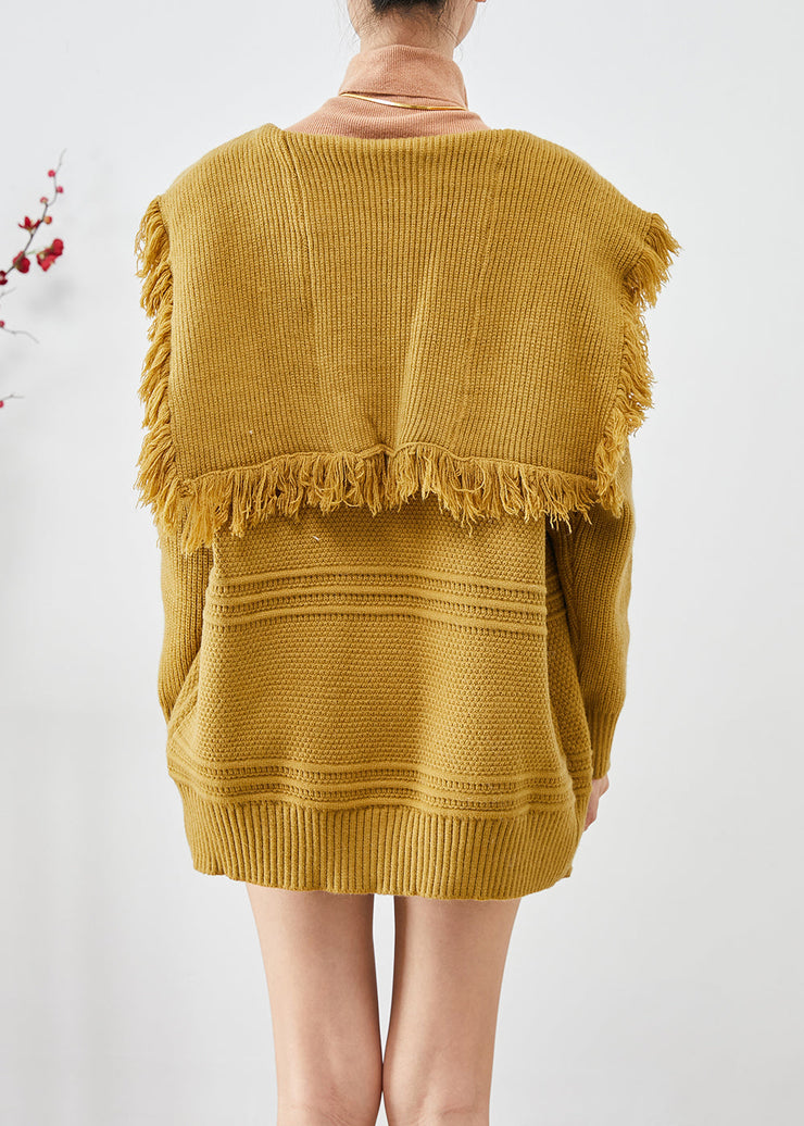 Modern Yellow Sailor Collar Tasseled Knit Cardigan Fall