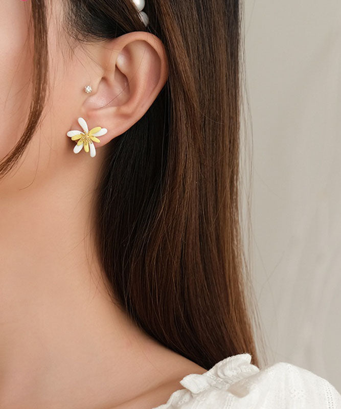 Modern Yellow Sterling Silver Alloy Floral Stud Earrings