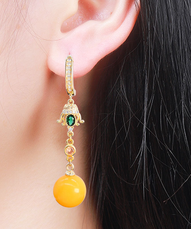 Modern Yellow Sterling Silver Amber Beeswax Ball Drop Earrings