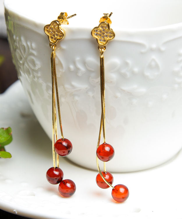 Modern Yellow Sterling Silver Overgild Inlaid Amber Beeswax Drop Earrings