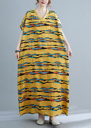 Modern Yellow Striped Print Linen Long Dresses Short Sleeve