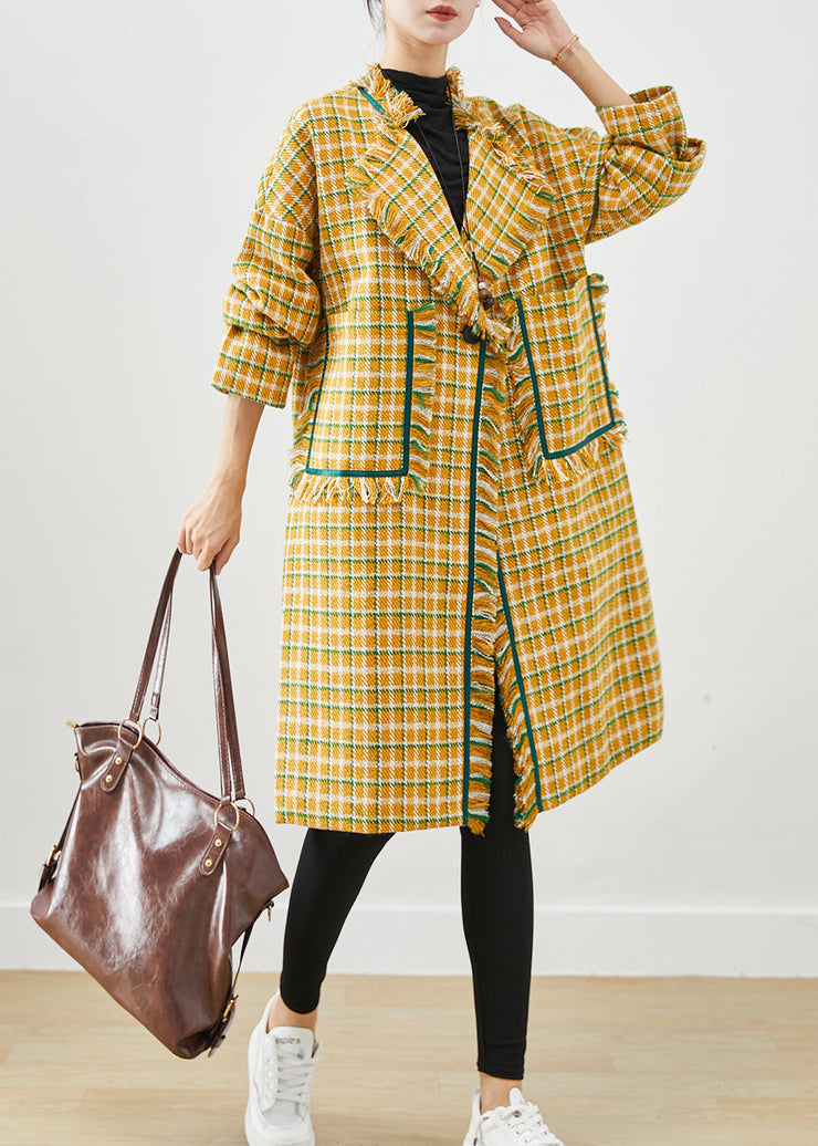 Modern Yellow Tasseled Plaid Cotton Coat Fall