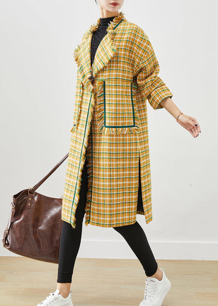 Modern Yellow Tasseled Plaid Cotton Coat Fall