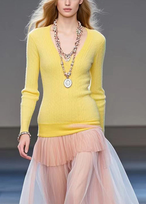 Modern Yellow V Neck Patchwork Tulle Knit Sweater Dress Fall