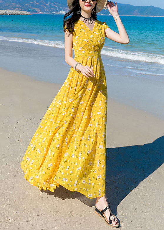 Modern Yellow V Neck Print Chiffon Long Dress Short Sleeve