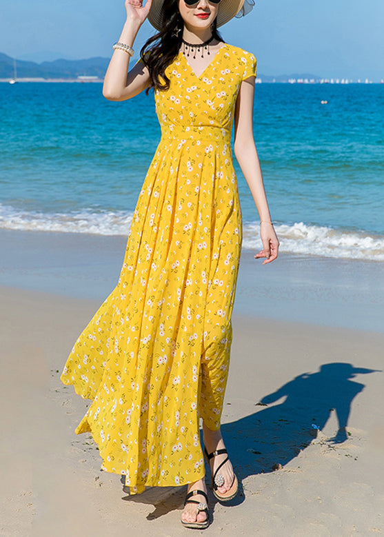 Modern Yellow V Neck Print Chiffon Long Dress Short Sleeve