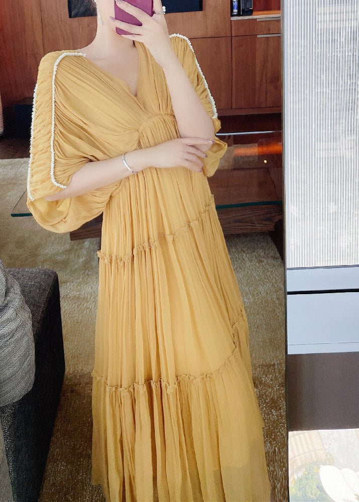 Modern Yellow V Neck Ruffled Wrinkled Silk Long Dresses Short Sleeve