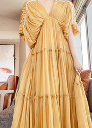 Modern Yellow V Neck Ruffled Wrinkled Silk Long Dresses Short Sleeve