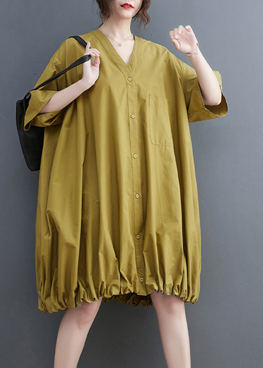 Modern Yellow V Neck Wrinkled Button Solid Maxi Dresses Short Sleeve