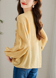 Modern Yellow Wrinkled Button Patchwork Chiffon Top Long Sleeve