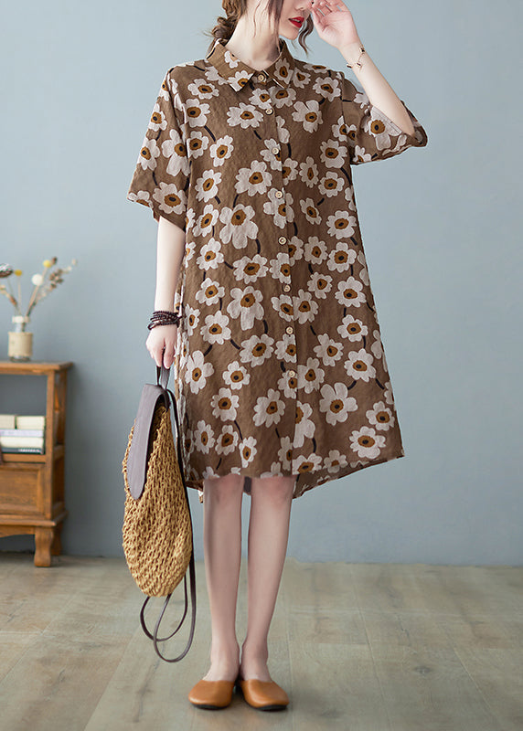 Modern Chocolate Button Stand Collar Floral Print Party Dress Half Sleeve