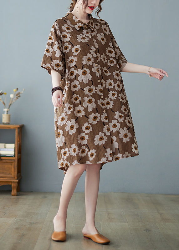 Modern Chocolate Button Stand Collar Floral Print Party Dress Half Sleeve