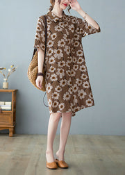 Modern coffee Button Stand Collar Floral Print Party Dress Half Sleeve