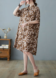 Modern Chocolate Button Stand Collar Floral Print Party Dress Half Sleeve