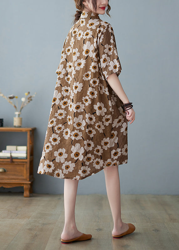 Modern Black Button Stand Collar Floral Print Party Dress Half Sleeve