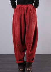 Modern Red Women Pants Oversize Fall Corduroy Pockets Cotton Casual Pants - SooLinen