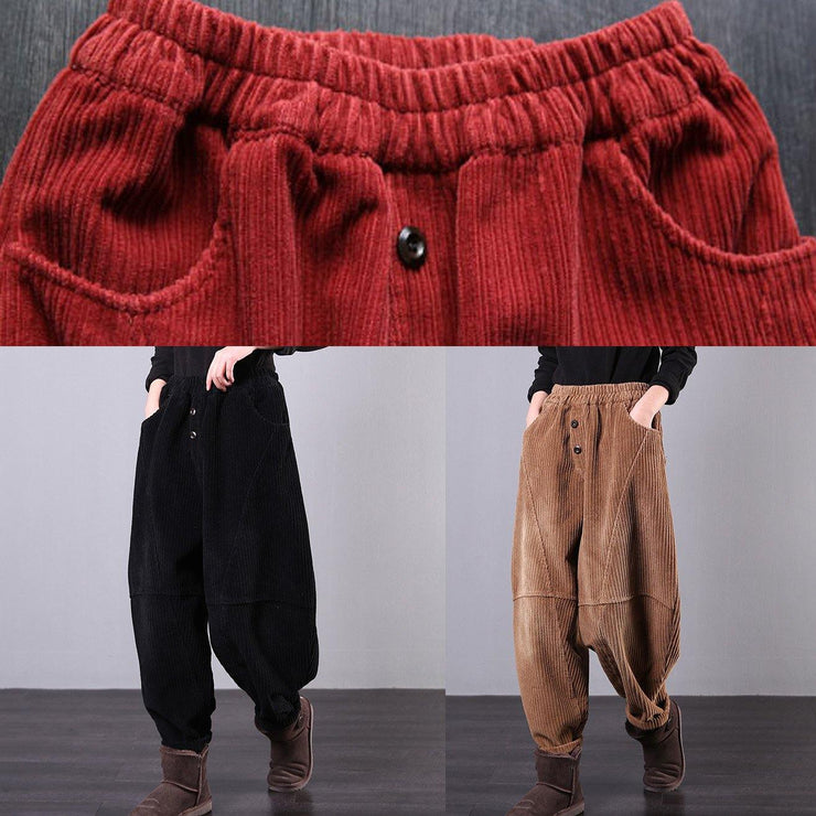 Modern Red Women Pants Oversize Fall Corduroy Pockets Cotton Casual Pants - SooLinen