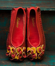 Mulberr Cowhide Splicing Flower Flat Shoes For Women