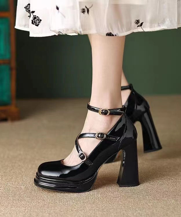 Mulberry Fashion Buckle Strap Splicing Chunky High Heels
