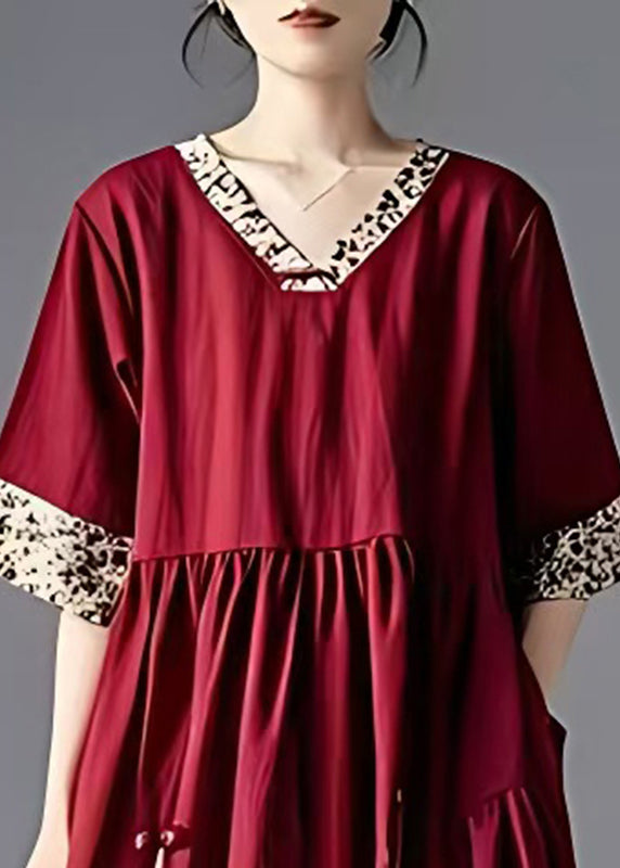 Mulberry Patchwork Cotton Dresses V Neck Exra Large Hem Summer