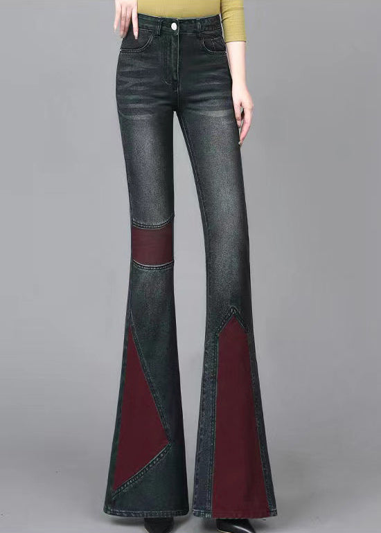 Mulberry Patchwork Denim Flared Trousers Asymmetrical Spring