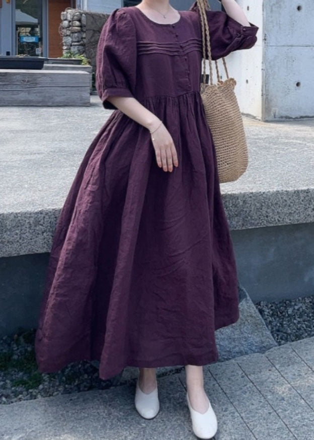 Orange Patchwork Linen Dress O Neck Wrinkled Short Sleeve