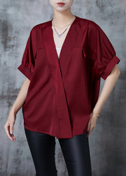 Mulberry Patchwork Silk Shirt Top V Neck Summer