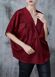 Mulberry Patchwork Silk Shirt Top V Neck Summer