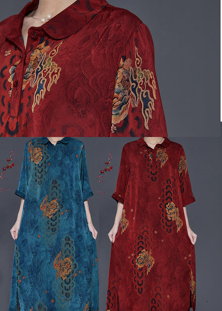 Mulberry Print Draping Silk Dress Peter Pan Collar Summer