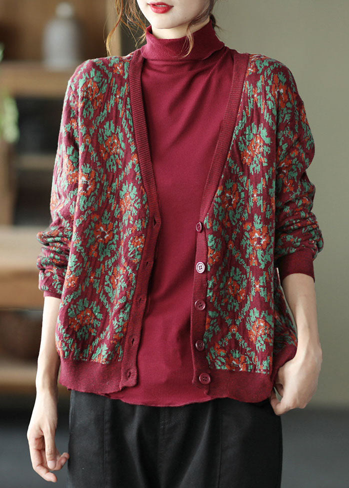 Mulberry Print Knit Loose Cardigan V Neck Button Spring