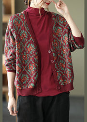 Mulberry Print Knit Loose Cardigan V Neck Button Spring