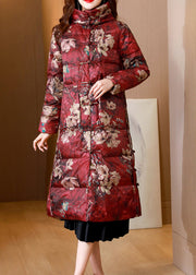 Mulberry Print Pockets Patchwork Duck Down Puffer Coats Stand Collar Winter