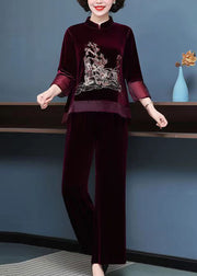 Mulberry Tops And Pants Velour Two Piece Set Embroideried Fall