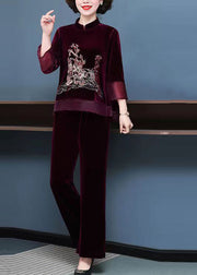 Mulberry Tops And Pants Velour Two Piece Set Embroidered Fall