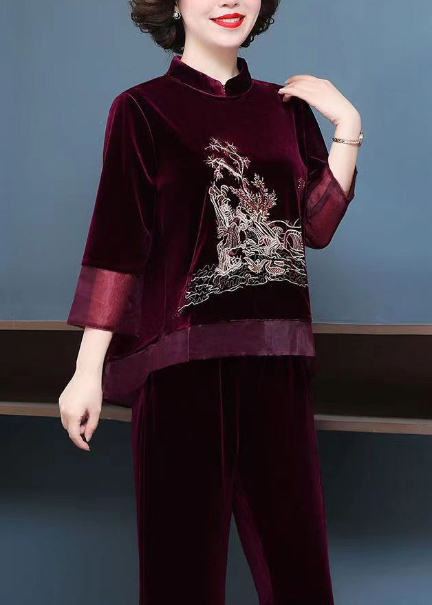 Mulberry Tops And Pants Velour Two Piece Set Embroidered Fall