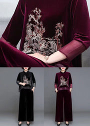 Mulberry Tops And Pants Velour Two Piece Set Embroideried Fall