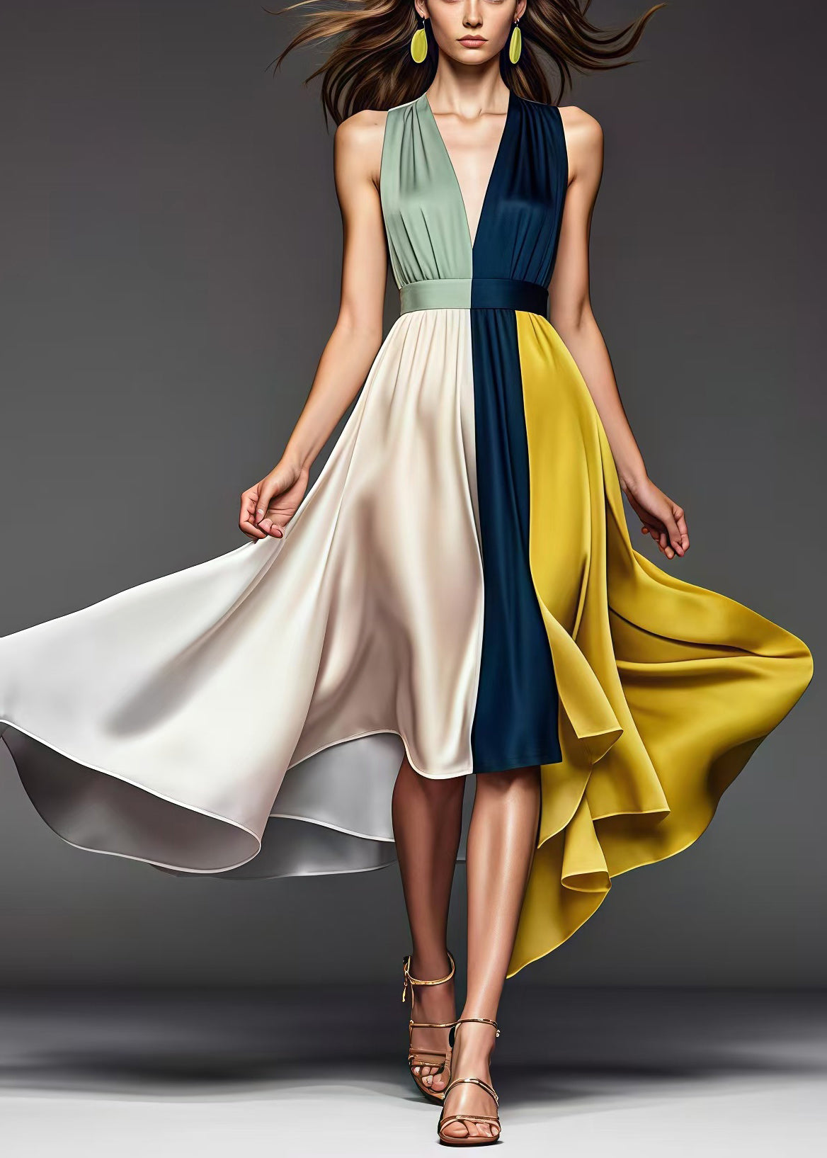 A multicolor patchwork silk maxi dress illustration that evokes a coordinated, well-timed routine and comfort across the day.