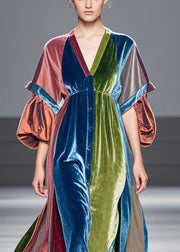 Multicolor Patchwork Silk Velvet Robe Dresses V Neck Lantern Sleeve