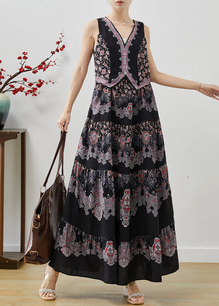 National Style Black Print Cotton Fake Two Piece Dress Sleeveless