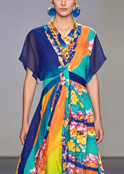 National Style Blue V Neck Print Chiffon Robe Dresses Summer