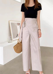 Natural Apricot Asymmetrical Lace Up Patchwork Cotton Pants Summer