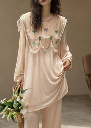 Natural Apricot O-Neck Embroideried Patchwork Ice Silk Pajamas Two Piece Spring