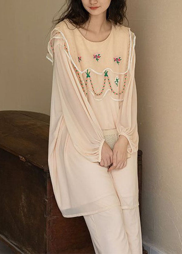 Natural Apricot O-Neck Embroideried Patchwork Ice Silk Pajamas Two Piece Spring