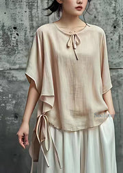 Natural Apricot O-Neck Tie Waist Shirt Short Sleeve