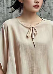 Natural Apricot O-Neck Tie Waist Shirt Short Sleeve