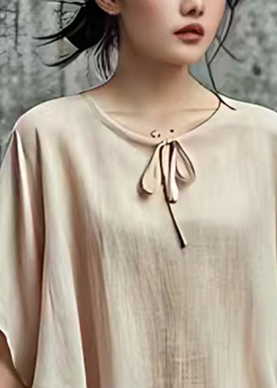 Natural Apricot O-Neck Tie Waist Shirt Short Sleeve