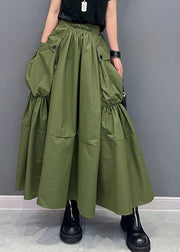 Natural Army Green Patchwork Pockets Elastic Waist Skirts Summer