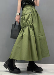 Natural Army Green Patchwork Pockets Elastic Waist Skirts Summer