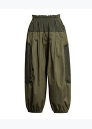 Natural Army Green Pockets Patchwork Cotton Lantern Pants Summer